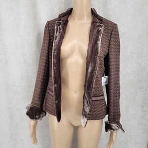 Tahari Brown Tweed Velvet Blazer Luxury Wool Blend Women's Medium NWT Embelished